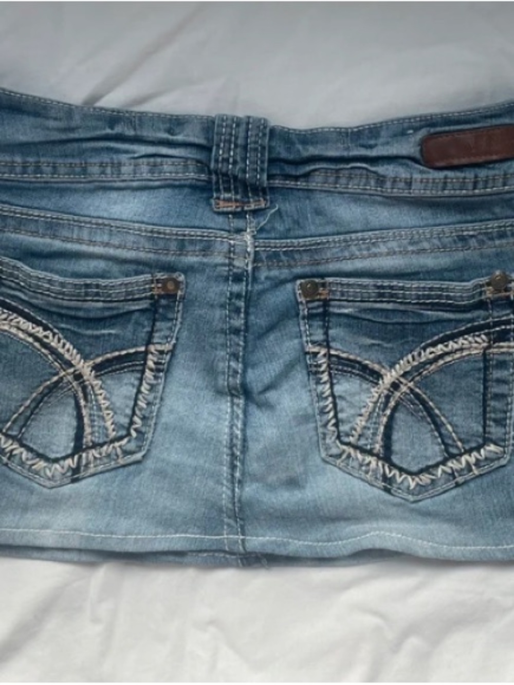 Washed Light Blue Denim Mini Skirt with Embroidered Back Pockets